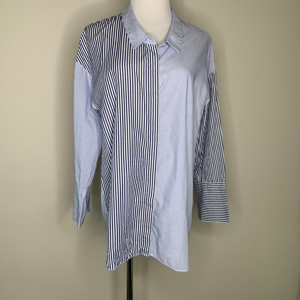 Zara TRF Blue Striped Colorblocked Over Sized Shirt Dress Sz Small